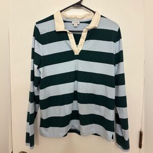 J. Crew Rugby Stripe Polo Shirt Green and Blue Long Sleeve 100% Cotton Size M